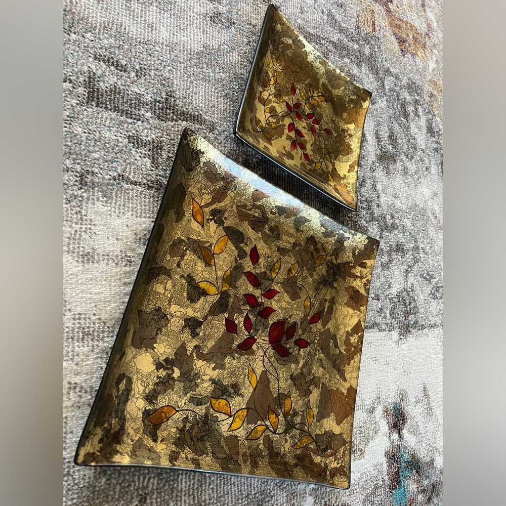 Two piece Catch All glass art tray set neutrals red yellow decorative bundle EUC - Picture 6 of 9